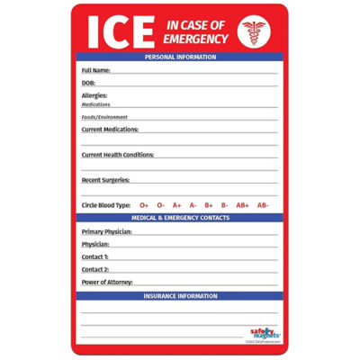 ICE Medical Card for Seniors – in Case of Emergency Fridge Magnet with Marker – Refrigerator Safety Important Phone Numbers Call List for First Responders – 5.25 x 8.5 in.